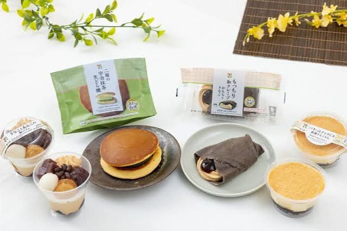 Dango, dorayaki, and other Japanese sweets arranged on plates