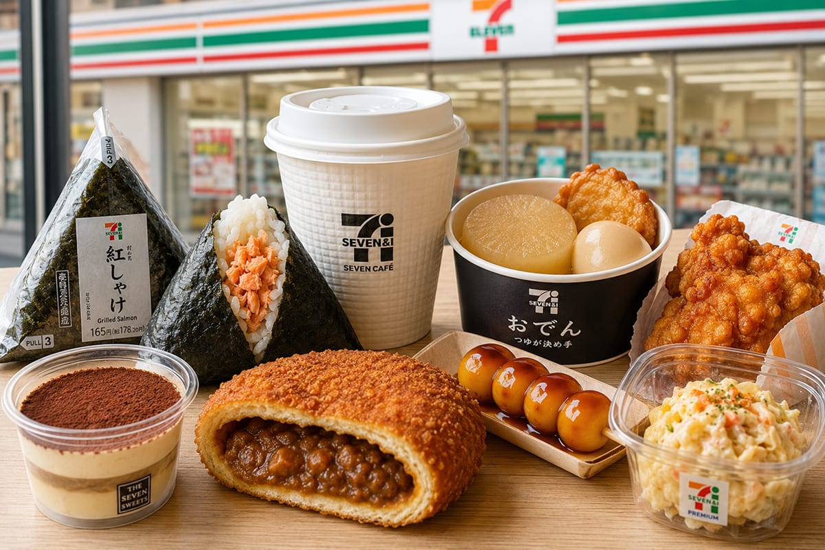 Onigiri, coffee, hot snacks, side dishes, and desserts arranged outside a Japanese 7-Eleven