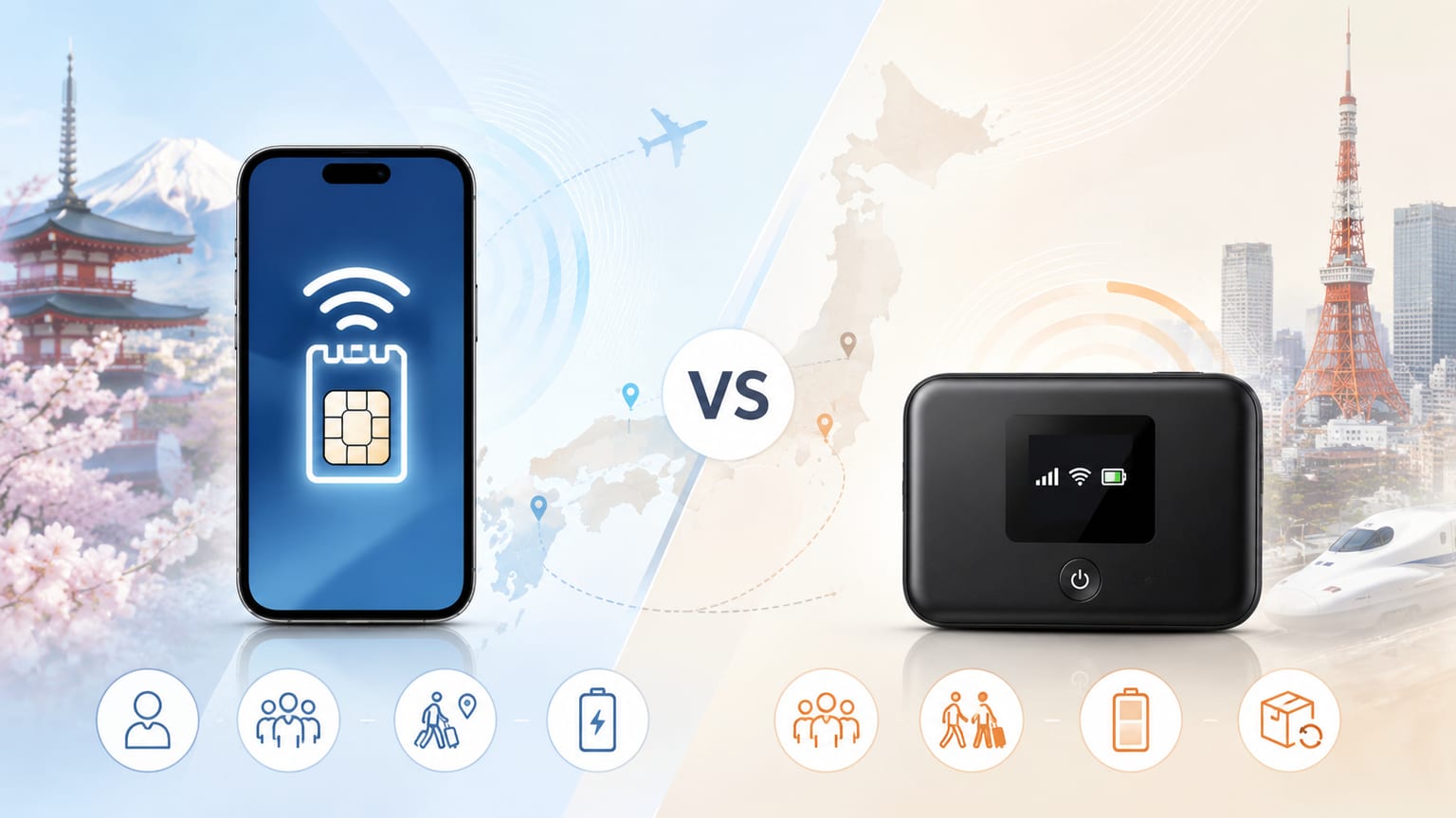 Illustration comparing a smartphone with a travel eSIM and a pocket WiFi router against a map of Japan