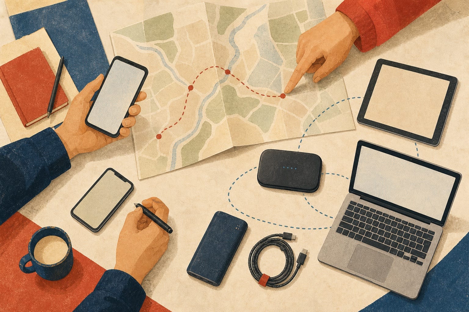 Illustration of travelers planning with phones, a tablet, a laptop, a portable router, a power bank, and a route map