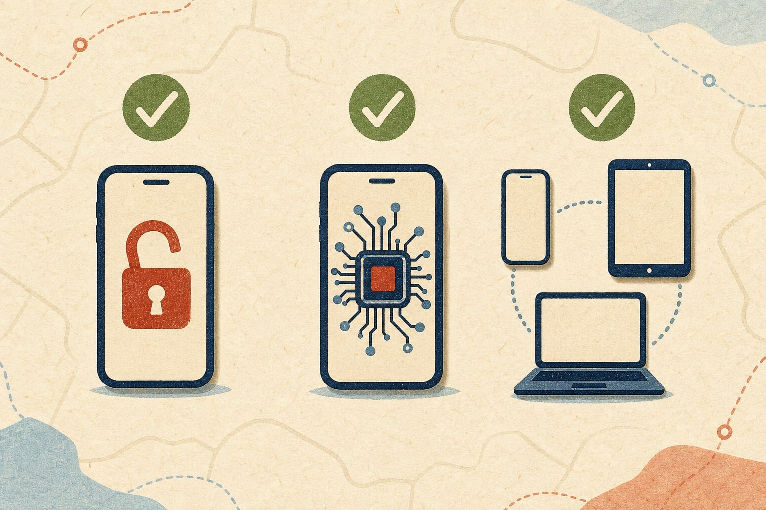 Illustration of an unlocked phone, a phone with an embedded chip, and a group of connected devices