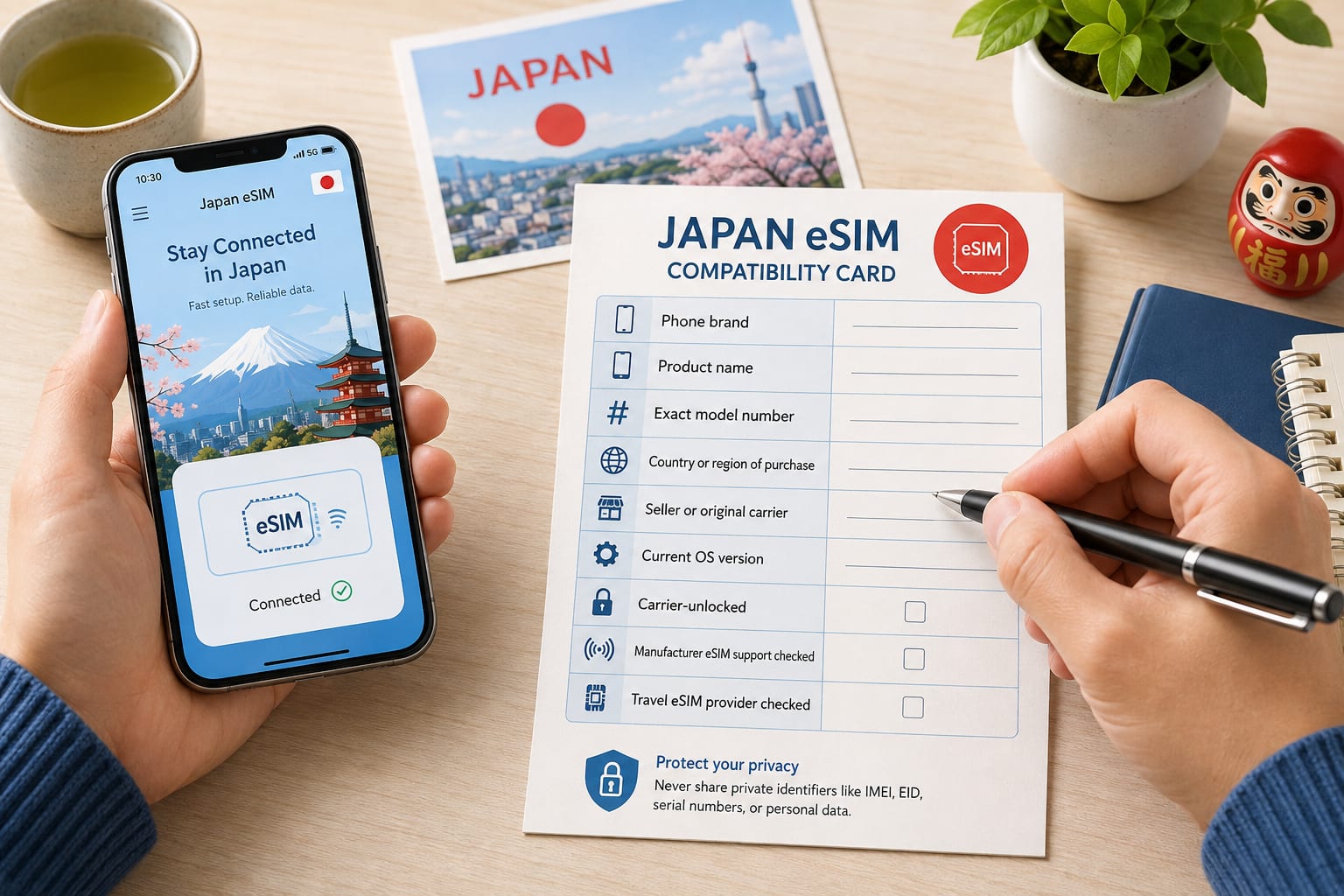 Traveler completing a Japan eSIM compatibility card beside a smartphone
