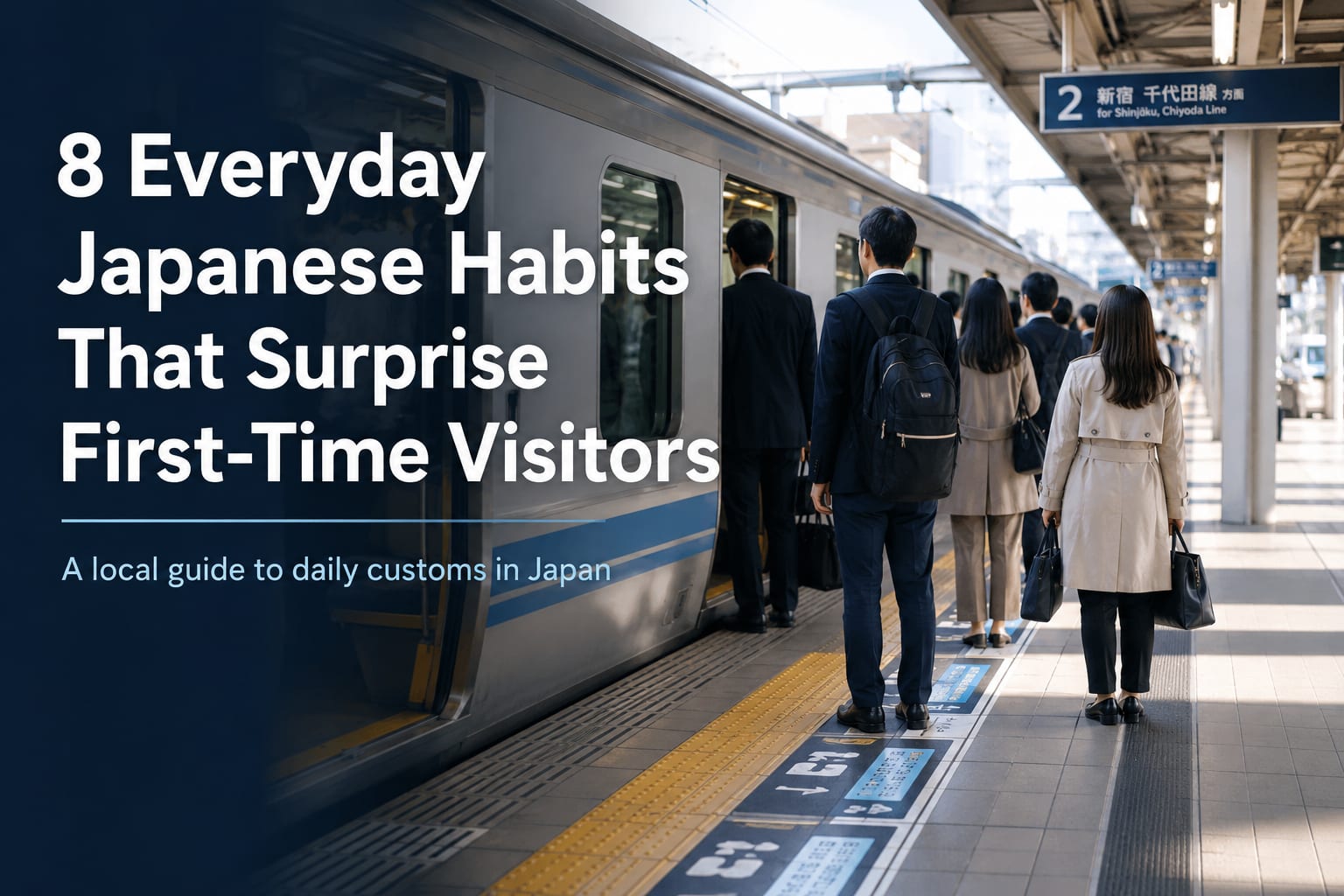 People lining up to board a train on a Japanese station platform, beside the title 8 Everyday Japanese Habits That Surprise First-Time Visitors