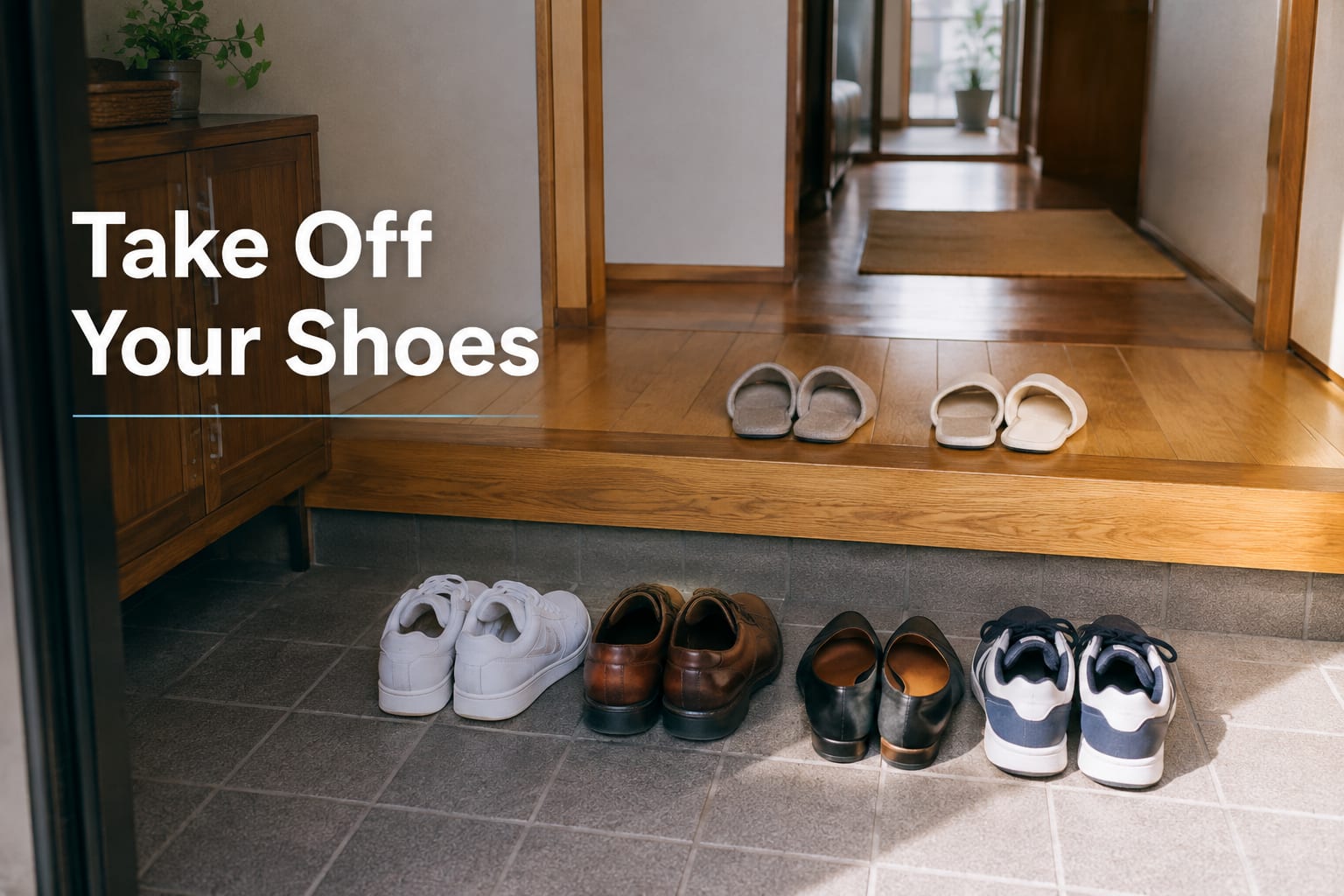 Outdoor shoes on the lower floor of a Japanese entrance, with slippers on the raised indoor floor and the words Take Off Your Shoes