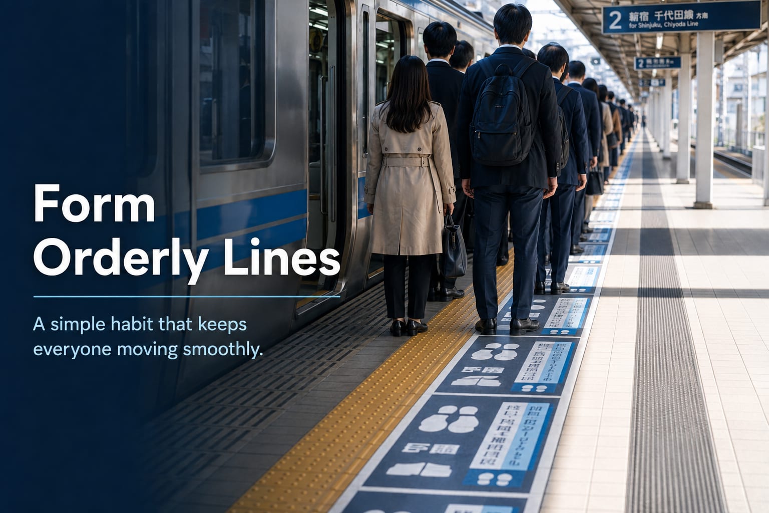 People standing in a single line along marked boarding positions on a Japanese station platform, with the words Form Orderly Lines