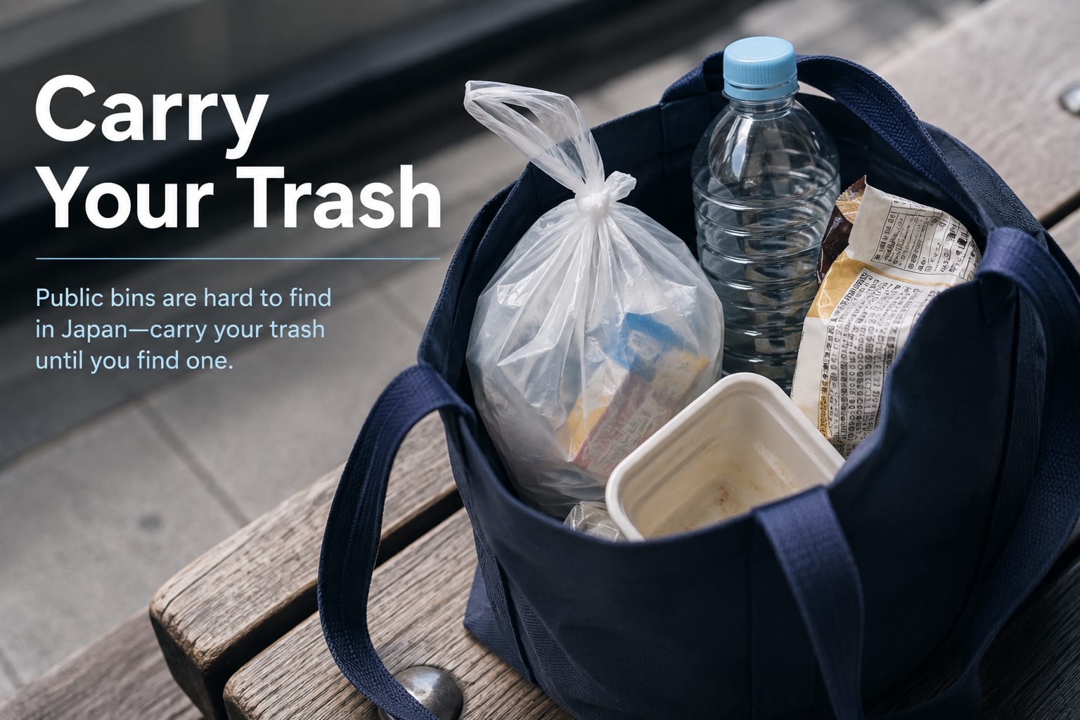 A navy bag holding an empty bottle, food container, wrappers, and a small trash bag, with the words Carry Your Trash