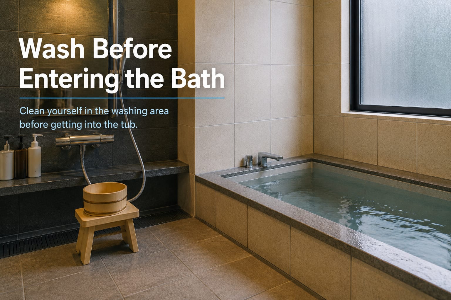 A Japanese bathing area with a shower, stool, bucket, and separate bathtub, with the words Wash Before Entering the Bath