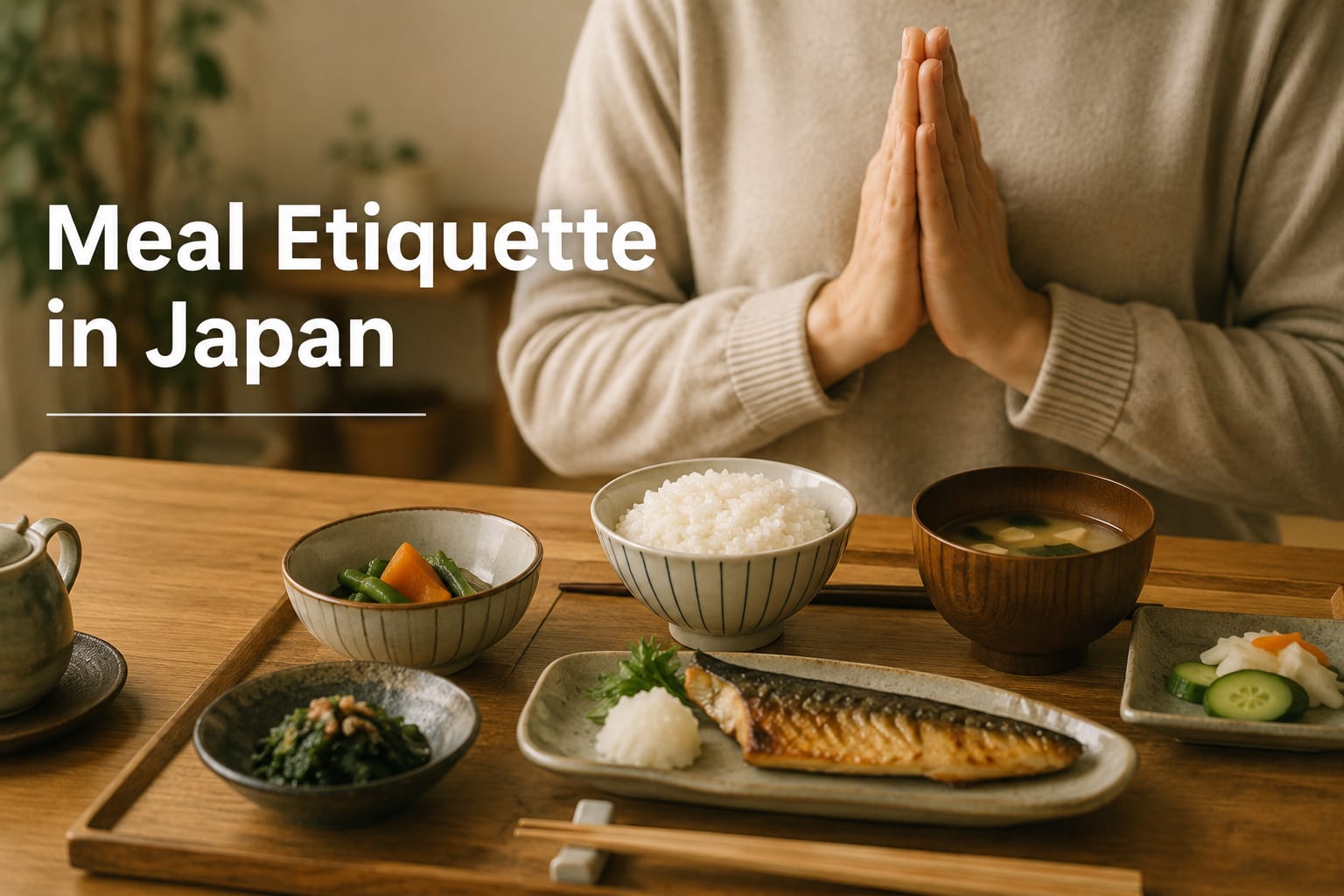 A person placing their palms together before a Japanese meal of grilled fish, rice, miso soup, and side dishes, with the words Meal Etiquette in Japan