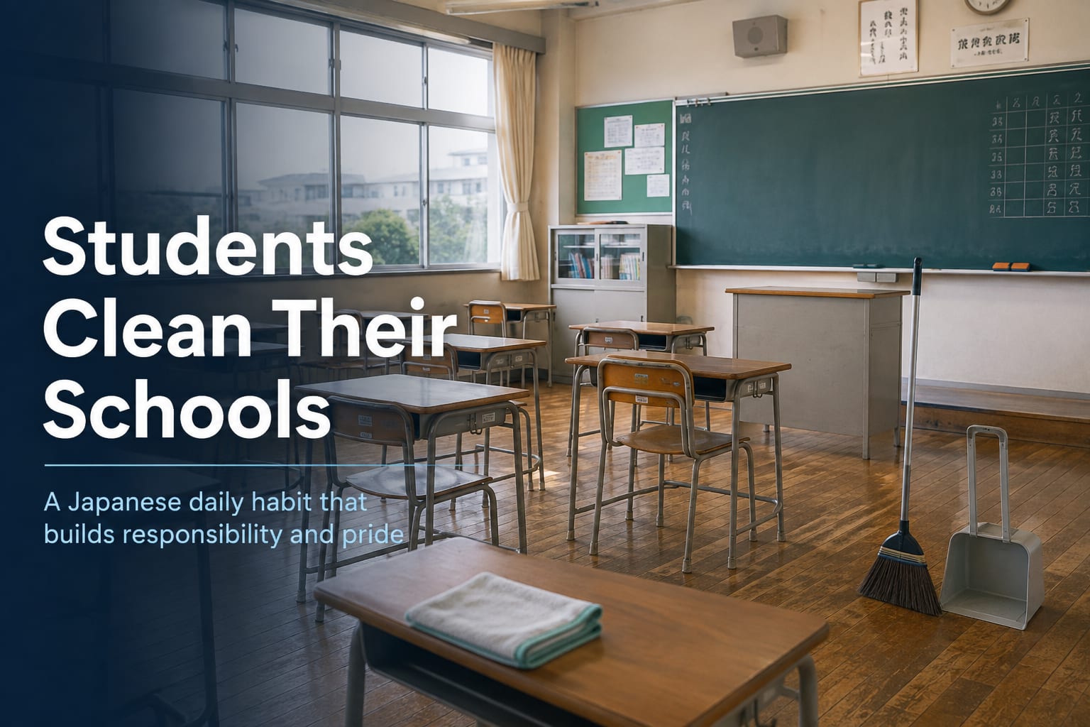 An empty Japanese classroom with desks, a blackboard, broom, dustpan, and cleaning cloth, beside the words Students Clean Their Schools