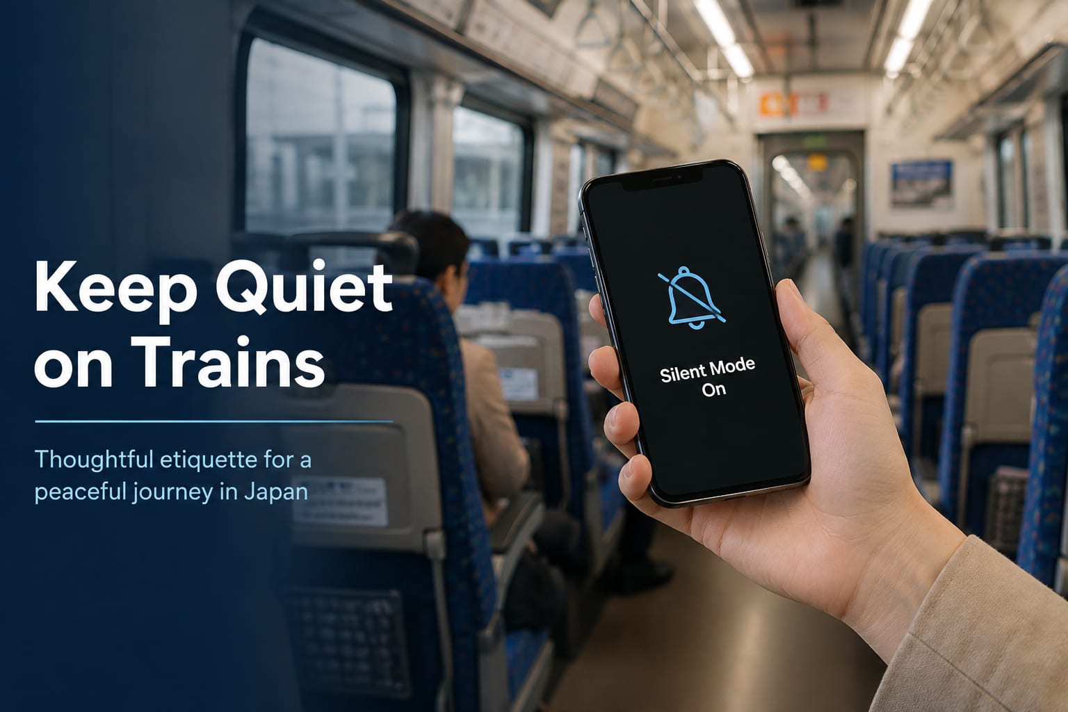 A hand holding a phone set to silent mode inside a train, with the words Keep Quiet on Trains