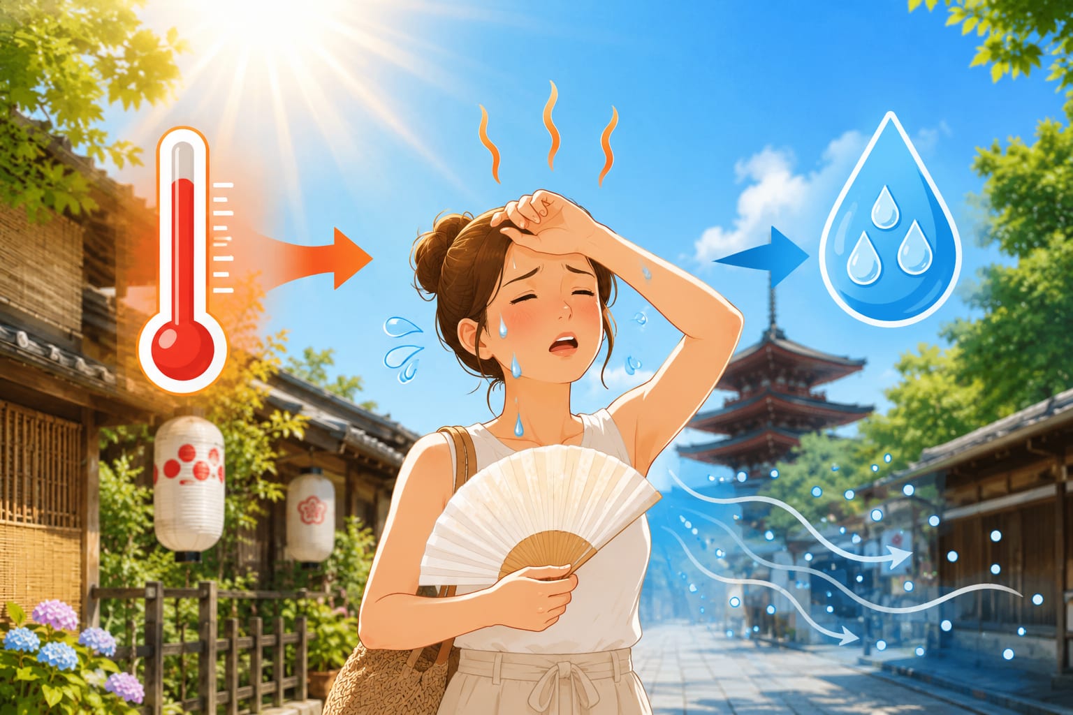 Illustration showing how high humidity, not just air temperature, makes Japanese summer feel hotter