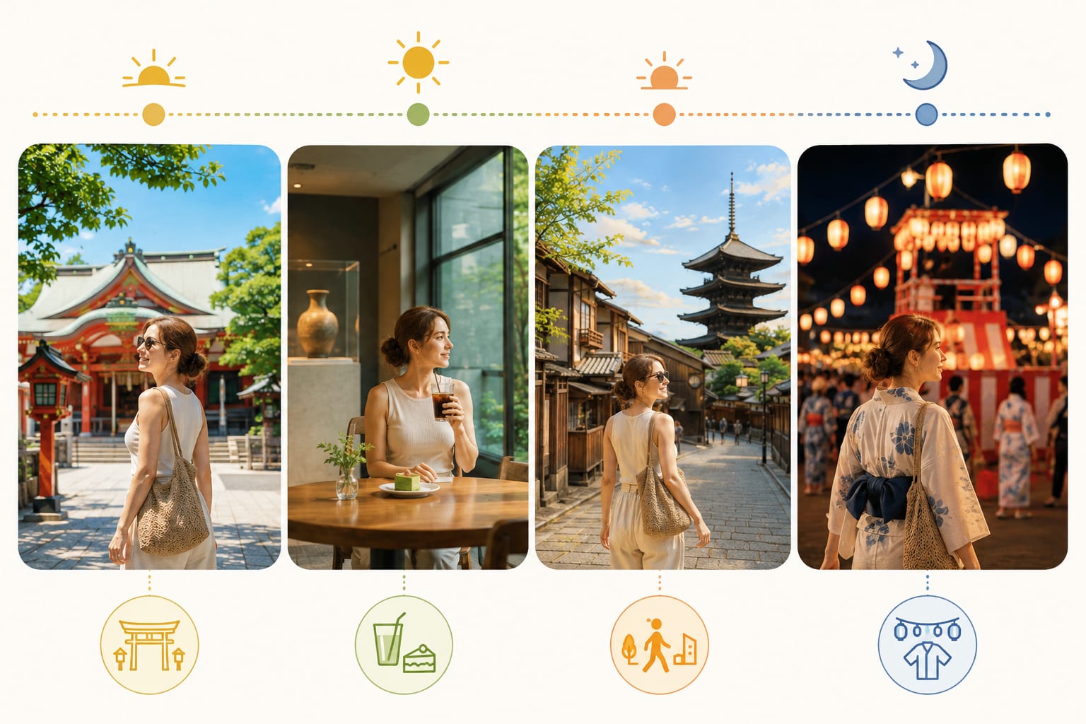 A four-part timeline of a summer day in Japan: a shrine in the morning, an indoor cafe or museum at midday, a walk in the late afternoon, and a festival at night