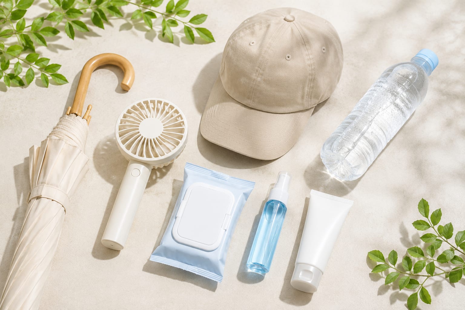 A parasol, rechargeable handheld fan, cap, cooling body wipes, cooling mist, sunscreen, and a bottle of water laid out together