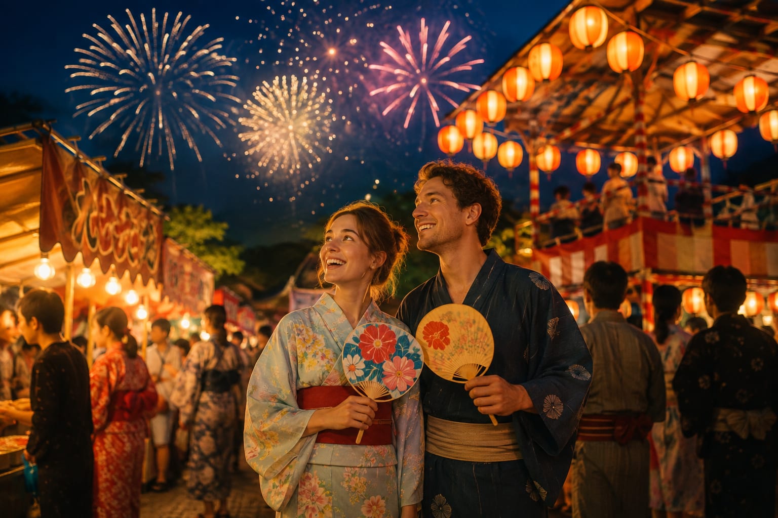 Travelers in yukata holding round fans at a summer festival, with fireworks and lanterns above