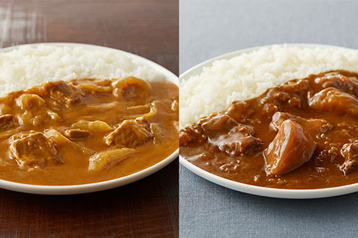 Two MUJI retort curries served on plates with rice